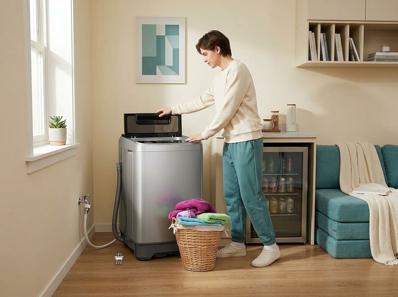 Portable washer connected to a kitchen faucet with laundry loaded