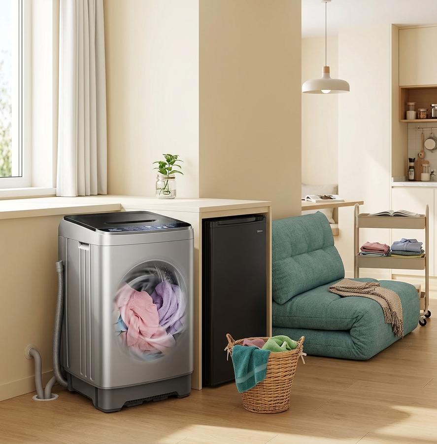 Portable washer spinning quietly in an apartment laundry closet at night