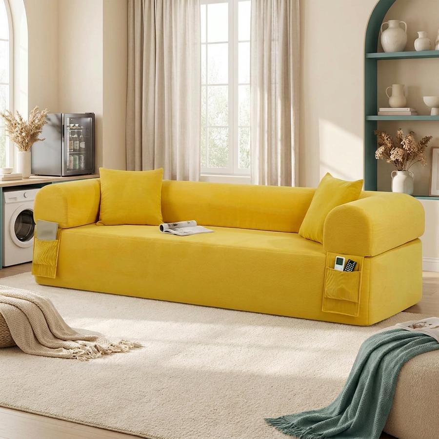 Compressed sofa box beside the same sofa expanded with people seated